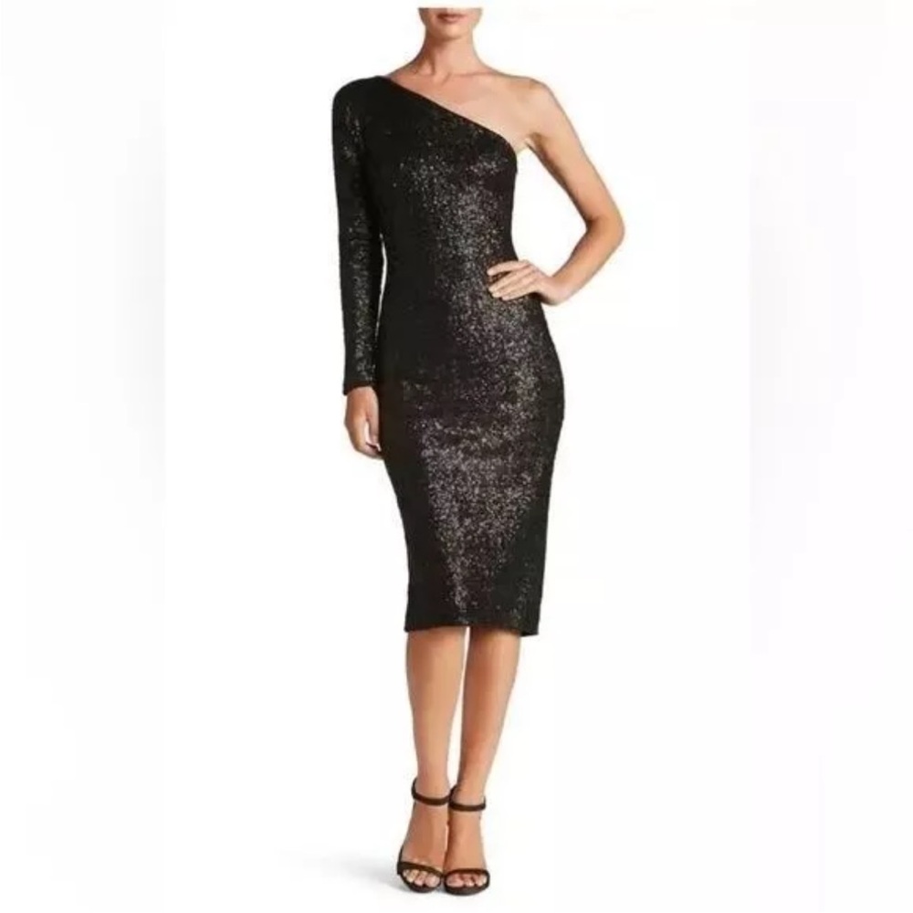Dress the Population Black One-Shoulder Sequin Asymmetrical Dress